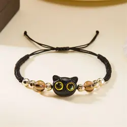 Cute Black Little Cat Braided Rope Bracelet for Women Men Funny Cat Beaded Adjustable Cartoon Animal Bracelet Harajuku Jewelry