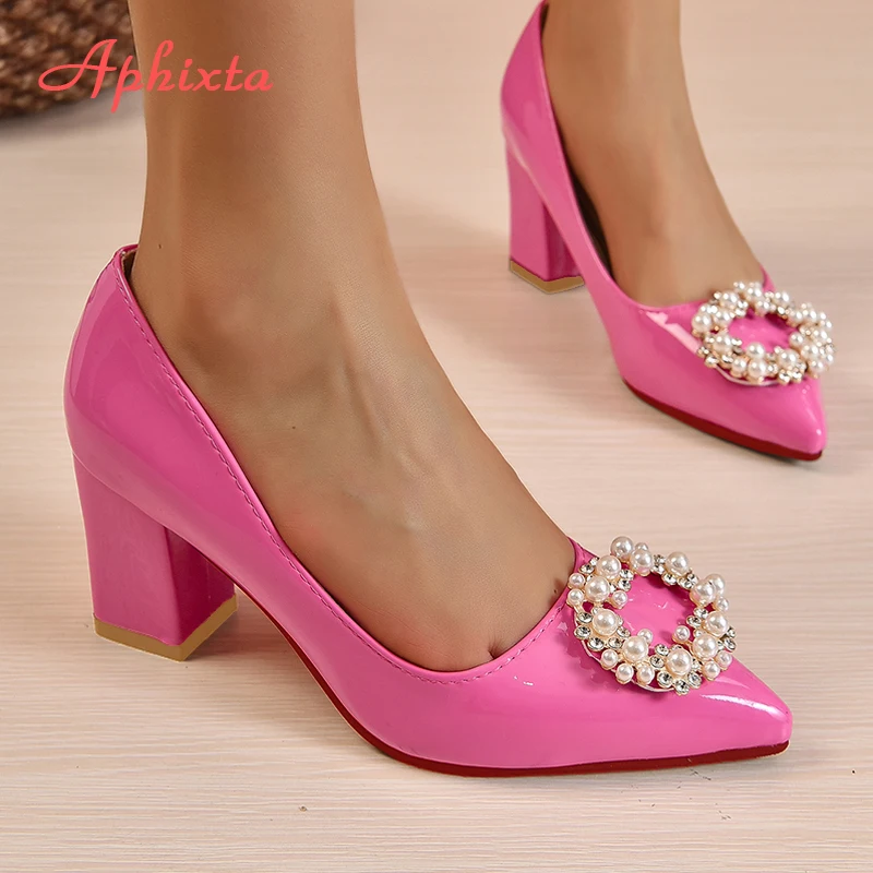 Aphixta New 7cm Square Heel Baby Pink Pearl Crystals Buckle Patent Leather Women Pumps Officile Pointed Toe Shoes Big Size 35-53