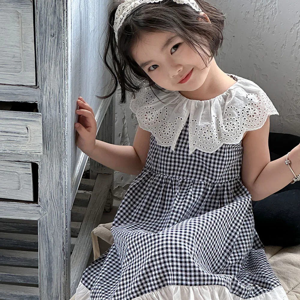 

Girl Dress Baby Sweet Lace Collar Princess Dress2024 Summer New Girls Korean Style Plaid Lace Sleeveless Dress Fashion Skirts