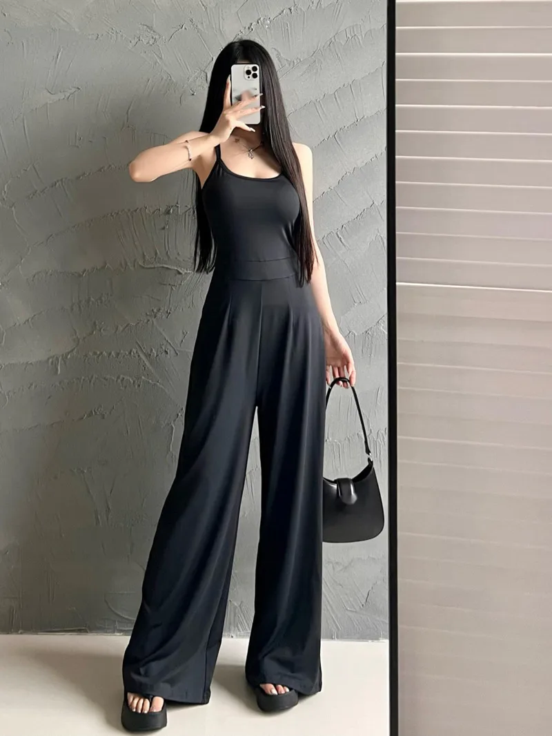 Jumpsuit With Black Camisole Backless Slim Women High Waist Wide Leg Pants With Chest Cushion High-end Jumpsuit Korean 1OV0