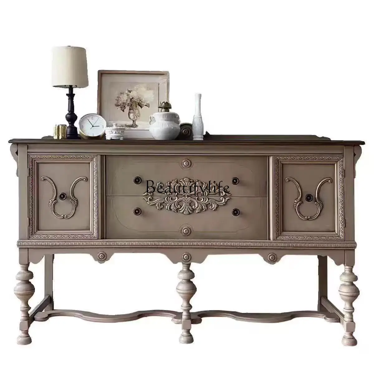 

French retro side cabinet American country solid wood carving flower storage locker