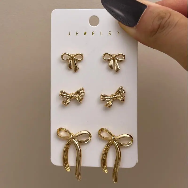 3 Pairs Assorted Golden Bow Earrings Pack, Fashion Minimalist Long Ribbon Bow Earring Set, Alloy Stud Earring Multipack