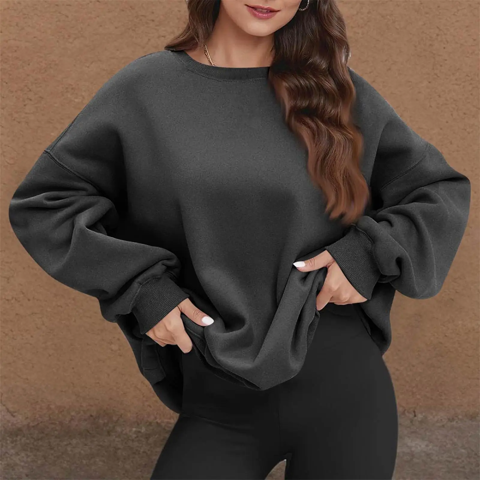 Tops De cuello redondo para Mujer, Jersey informal De algodón a la moda De manga larga con bolsillos y cuello redondo, blusa superior, Sudaderas De Mujer