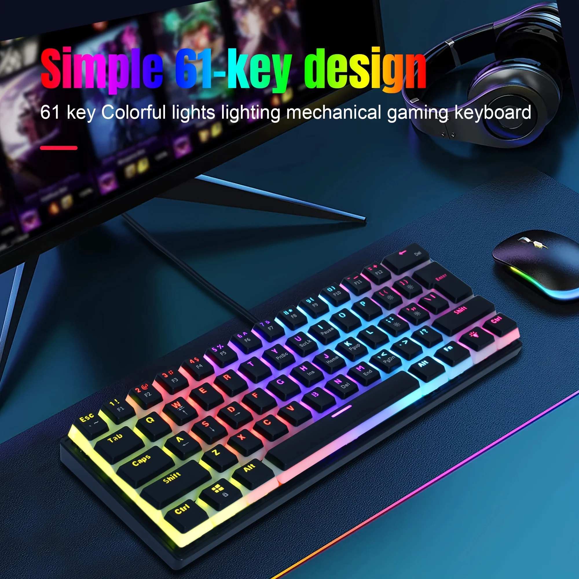 

New Green Switch Mechanical Wired Keyboard With 61 Keys Pudding Two-color Moulded Key Cover Backlit USB Plug And Play Ideal For