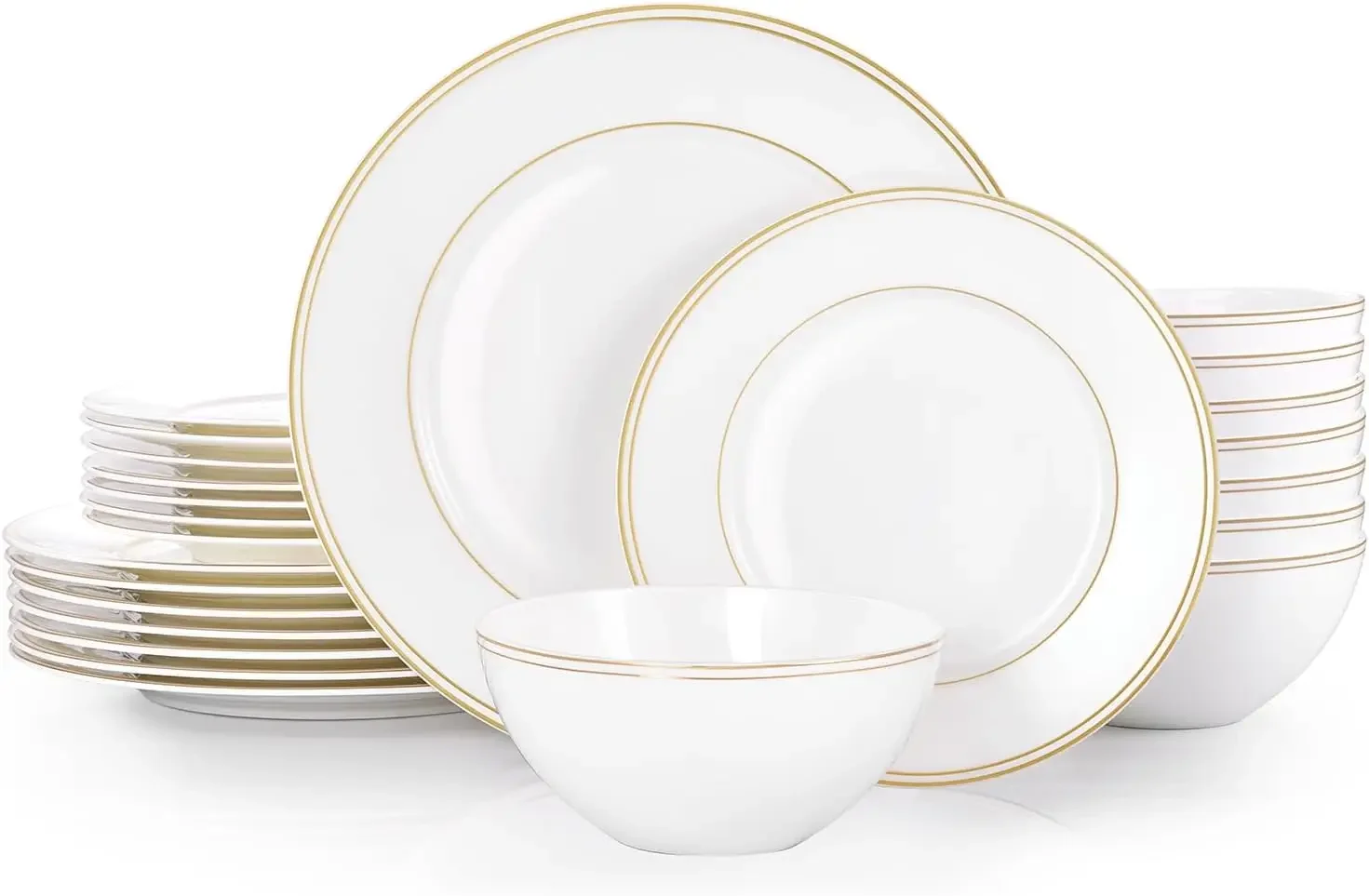 24Pcs Gold Trim White Bone China Set, Service for 8 | Lightweight translucent plate & bowl set. Microwave & dishwasher safe. Ide