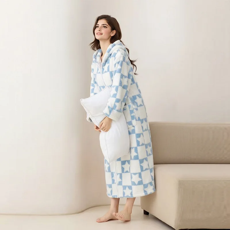 

Осень-зима 2025: женская длинная домашняя шерстяная одежда с капюшоном, повседневная одежда, толстые теплые и удобные топы для домашней одежды.