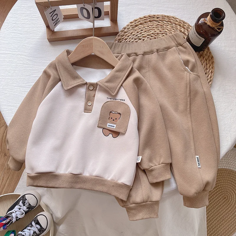 

Children's Cartoon Sets Boys Lapel Long-Sleeved Sweater Suit Spring Autumn New Girls Bear Fashion Casual Pants 2Pcs 12M-5 Years