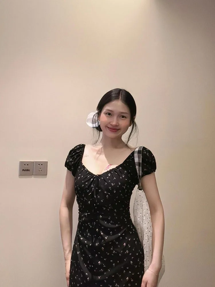 Vestido f sexy preto com estampa floral, linha a, verão, novo estilo, cintura, manga bolha, gola quadrada, cintura alta