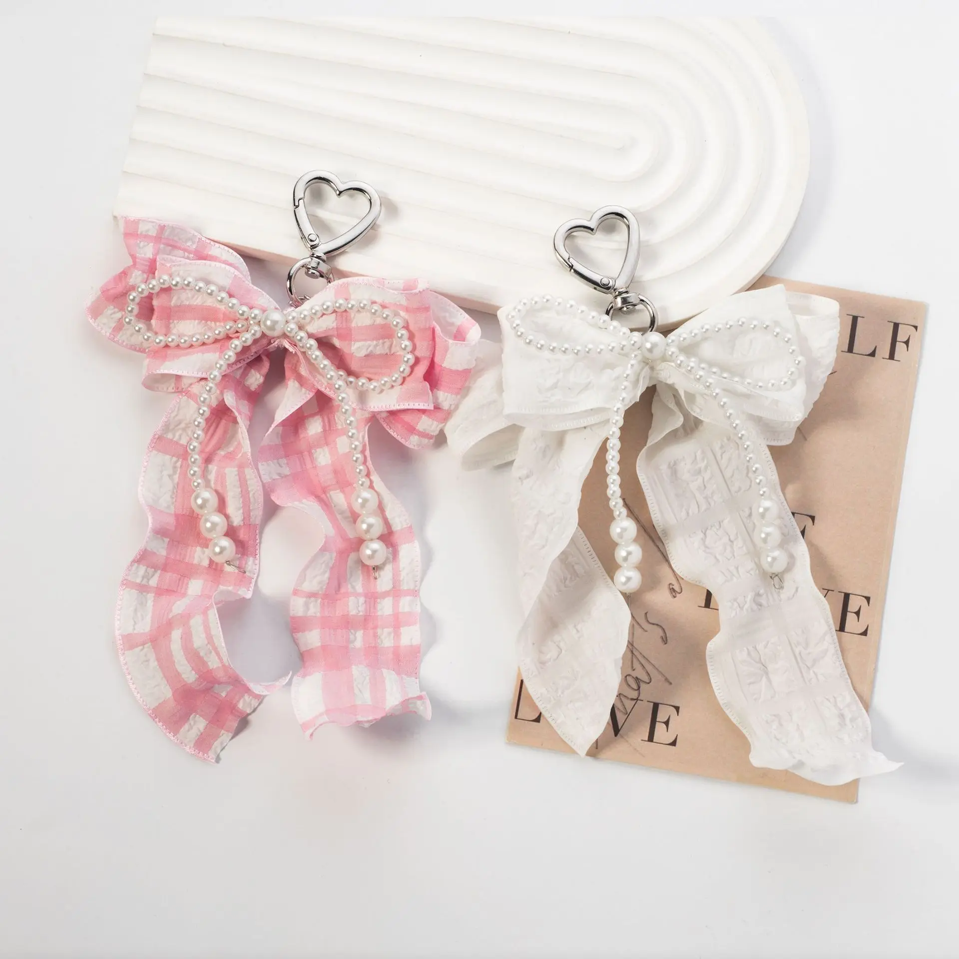 

Women's Bag Pendants Pearl Plaid Pleated Ribbon Bow Sweet Kawaii Bag Charms High-quality Multifunctional Keychains For Girl