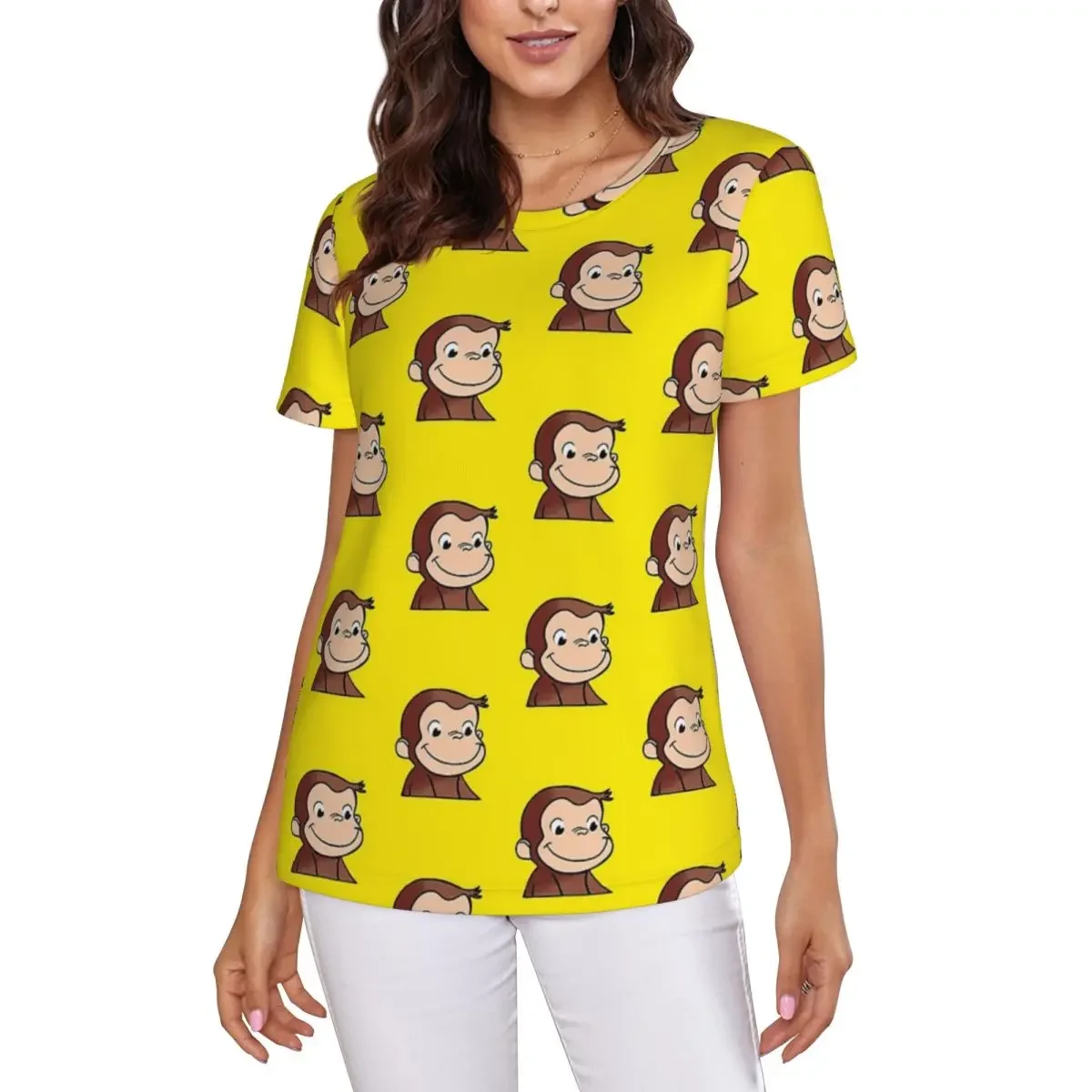 Curious George Backpack T-Shirt Women Short Sleeve T Shirts Round Neck Clothing Cotton Summer Tees Streetwear