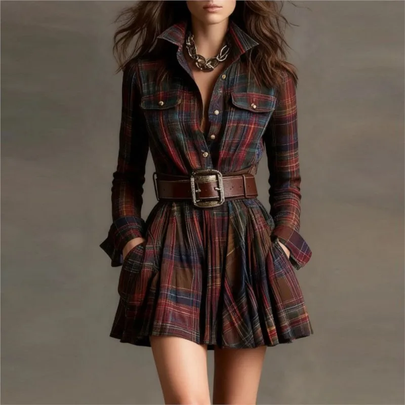 

Plaid Shirt Long Sleeve Dress Lapel 2026 Women's Printed Street Trendy Button Waist Pocket Retro Plaid Print A-Line Mini Dress