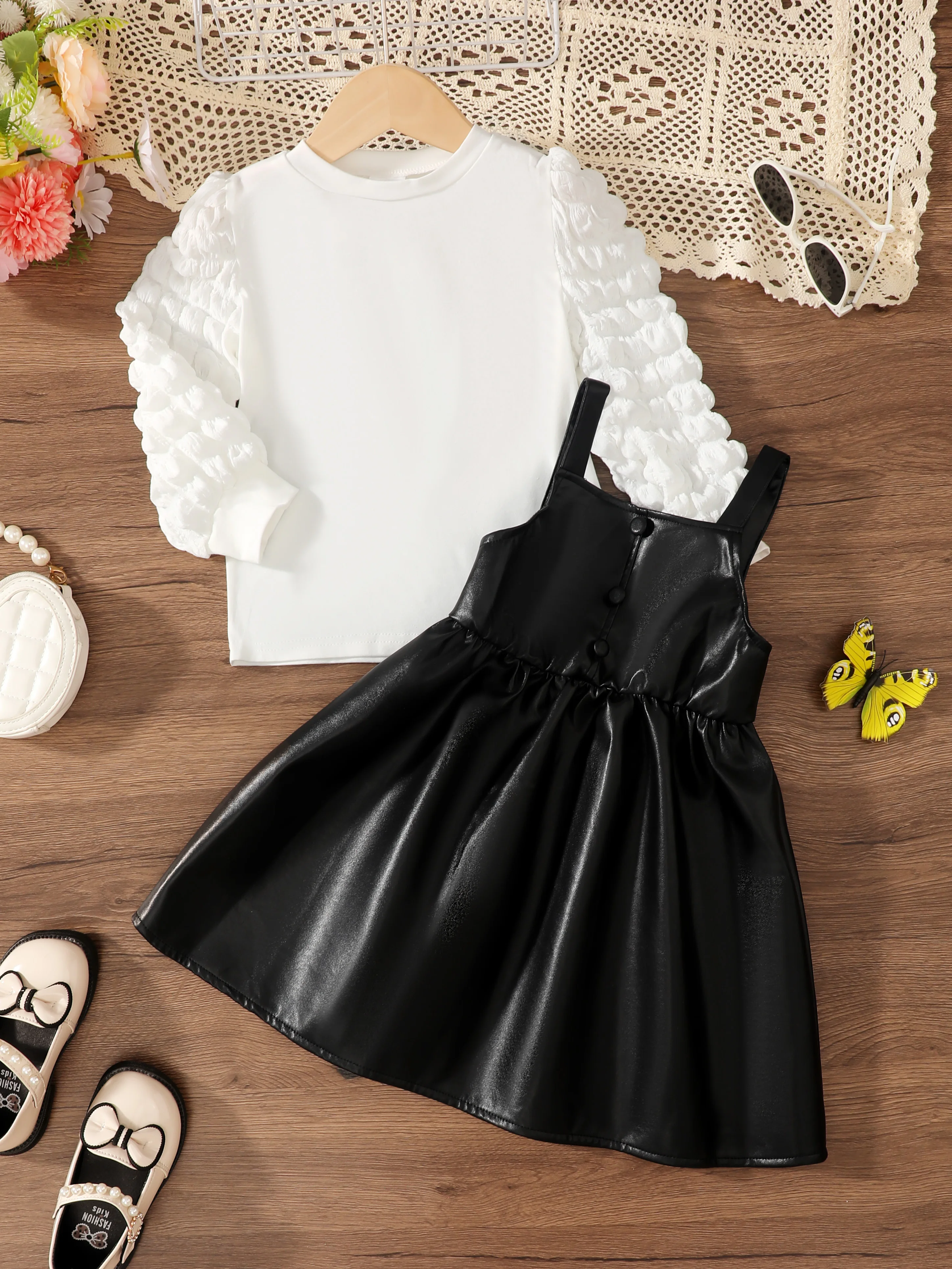 2pcs Children Girl Round Neck White Top+Black Strap Leather Skirt Set fit 4-7 Year Old Girls\' Party Fashion Clothing