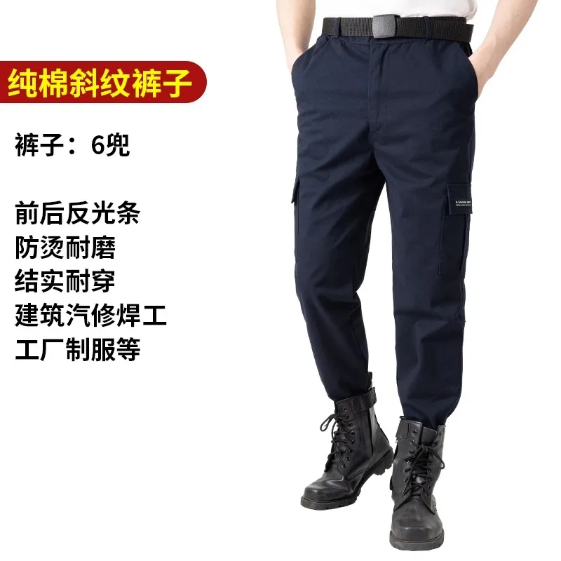 Men Pure Cotton Twill Work Cargo Pants 6 Pockets Reflective Strip Heat Resistant Wear Resistant Welding Construction Auto Repair