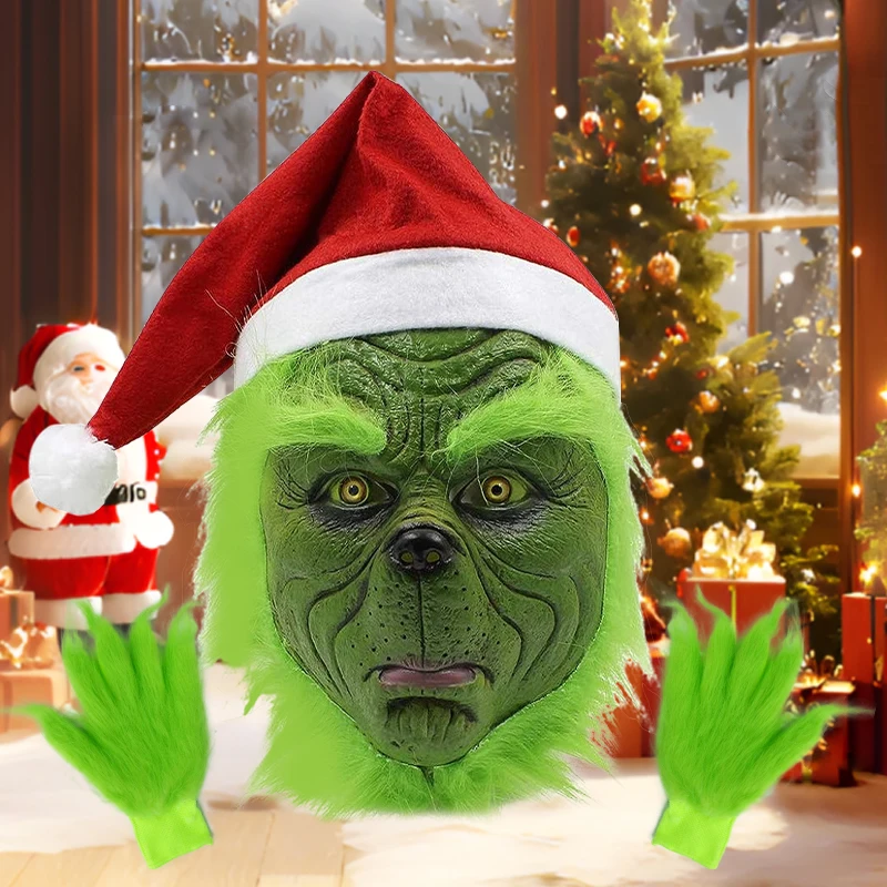 Green Fur Monster Masks Christmas Halloween Santa Cosplay Red Santa Hat Cute Party Props Anime Latex Headgear Glove Masque