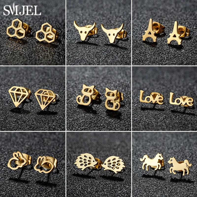 Mini Stainless Steel Earrings 2024 Animal Ear Studs Punk Honeycomb Rabbit Hedgehog Horse Earings Fashion Jewelry Pendientes Gift