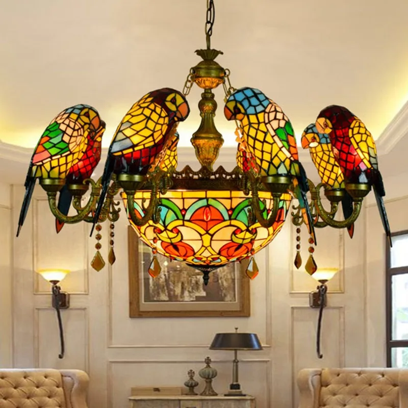 European Creative Mediterranean Retro Art Stained Glass Hotel Villa Bar Restaurant Living Room Light Parrot Chandelier