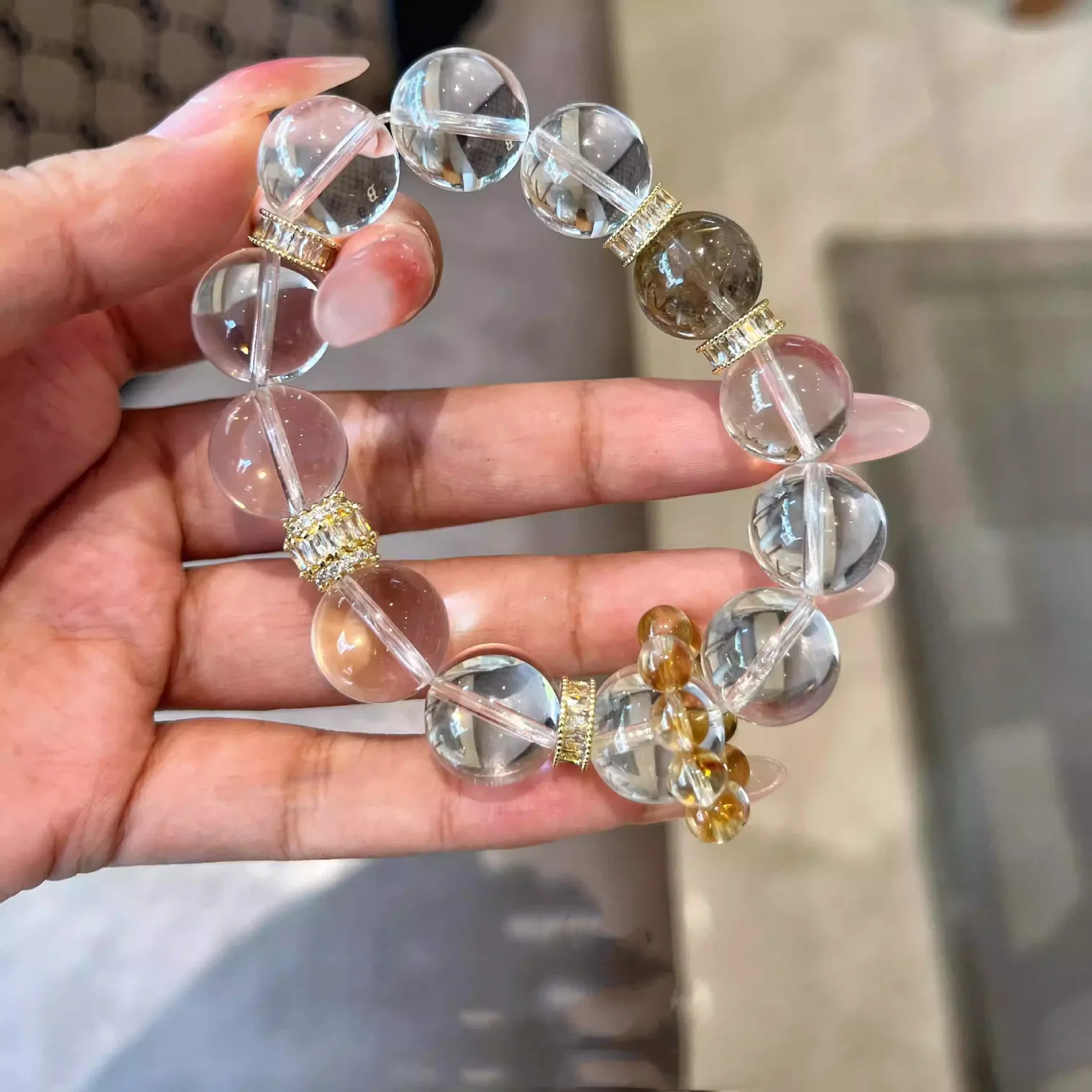 Chinese Style Lucky 8a 12mm Natural Clear Quartz Smoky Quartz Citrine Beaded Bracelet Feng Shui Blessing Wealth Good Luck Healin