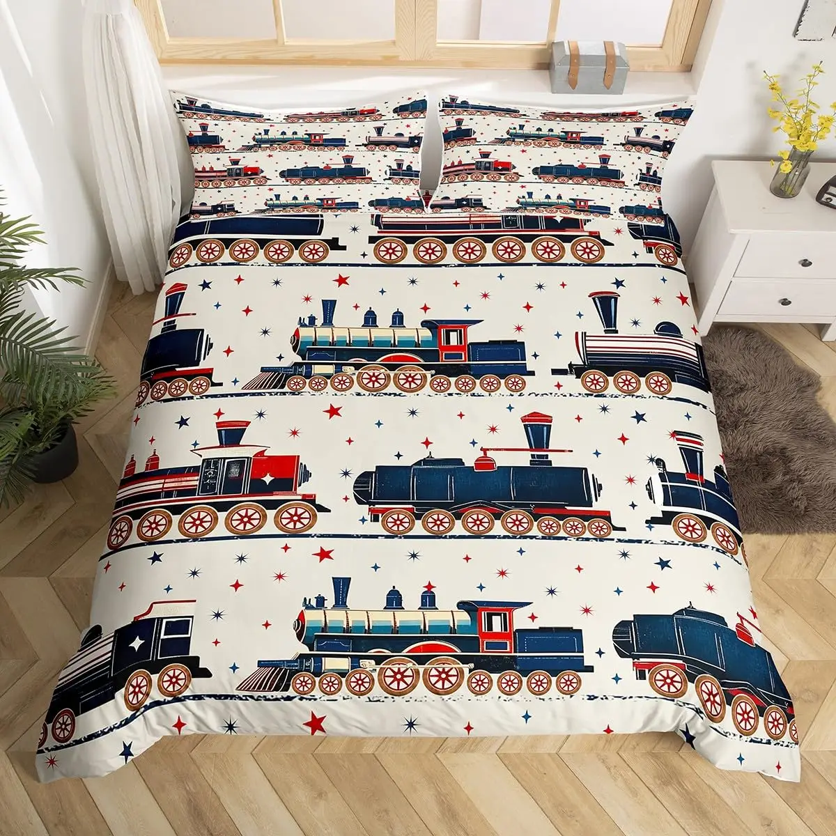 

Vintage Steam Train Duvet Cover, Cartoon Classic Railway Retro Bedding Set,Gift for Girls Boys Travel Locomotive Train Bed Cover