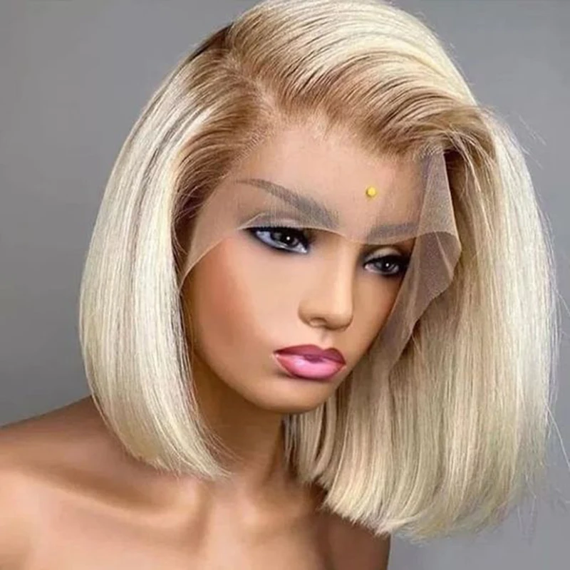 HAIRCUBE Blonde Human Hair Lace Frontal Wigs Short Bob Straight Human Hair Wigs Platinum White 13*1 T Part Lace Wig for Women