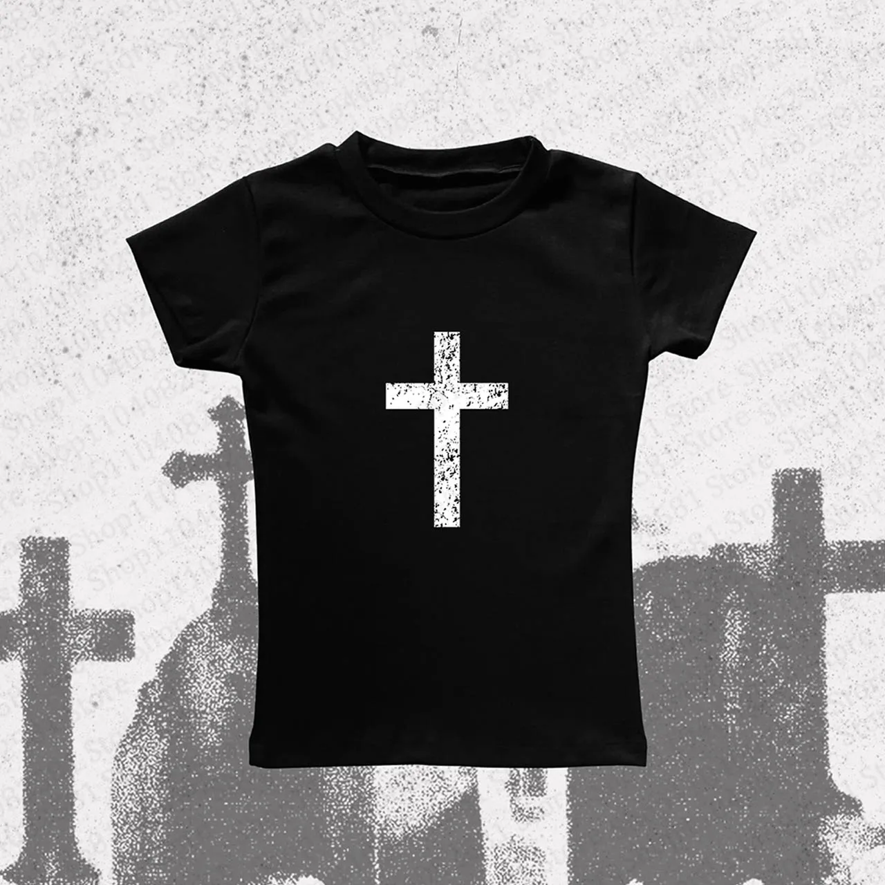 Ästhetisches Harajuku T-Shirt mit Kreuz-Print für Damen, 90er Cut-Top, Retro 2000er Casual Top, Hip-Hop Rock Streetwear