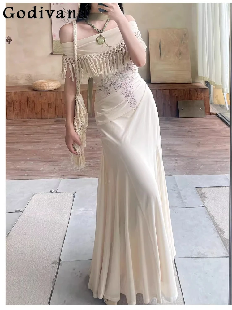 

Summer New Sexy Tassels Crew Neck Fishtail Dress Women Apricot Sleeveless Printed Lace-up Temperament High Waist A-line Dresses