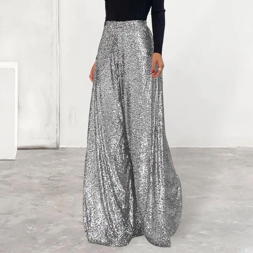 Soft  Chic Sequins Wide Leg Baggy Pants Lightweight Women Pants High Waist   Female Clothing