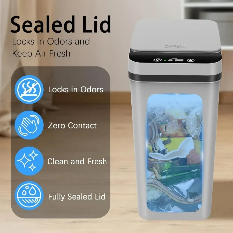 3 عبوات من سلة مهملات الحمام الصغيرة الأوتوماتيكية مع غطاء - سلة قمامة بدون لمس سعة 2.5 جالون، سلة مهملات ذكية بمستشعر الحركة، سلة رفيعة D