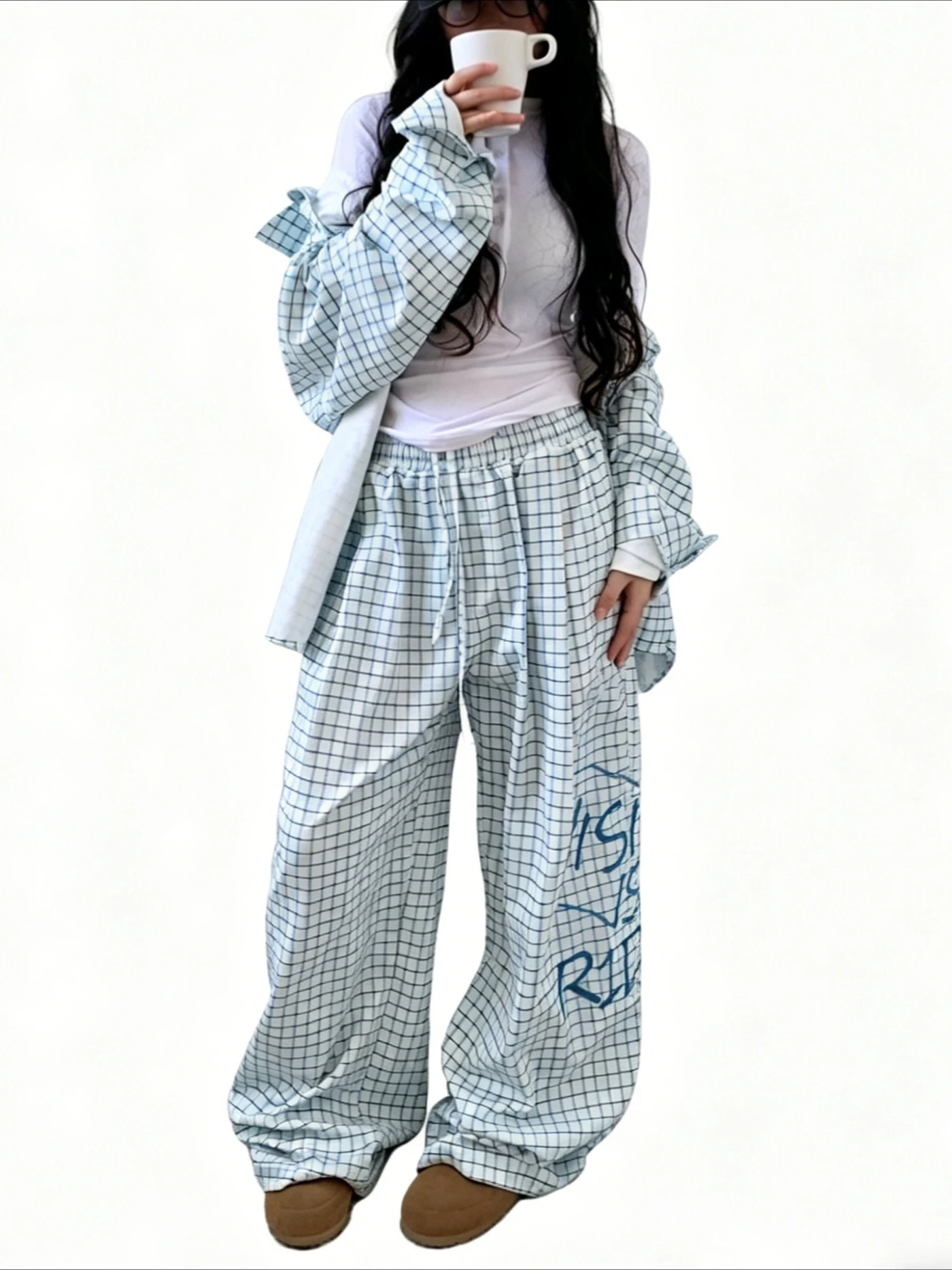 

Streetwear Women Plaid Wide Leg Pants High Waist Hip Hop Letter Loose Trousers Spring Summer Harajuku Bf American Vintage Pant