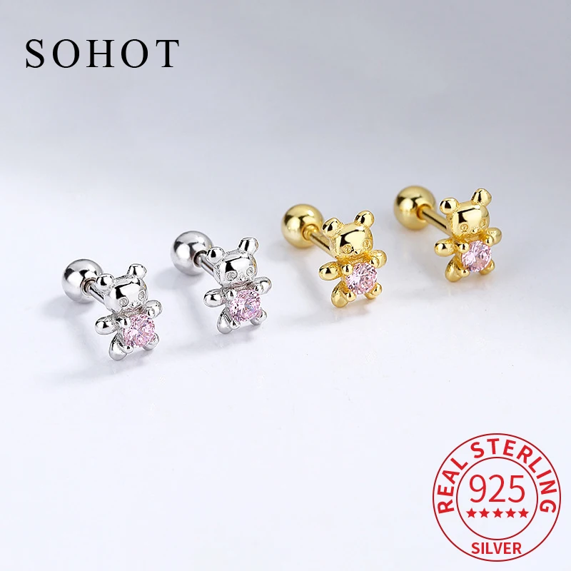 Echte Sterling Silber Zirkon Bär Piercing Schraube Kugel Ohr stecker für Frauen niedlichen Tier feinen Schmuck minimalist ischen Accessoires
