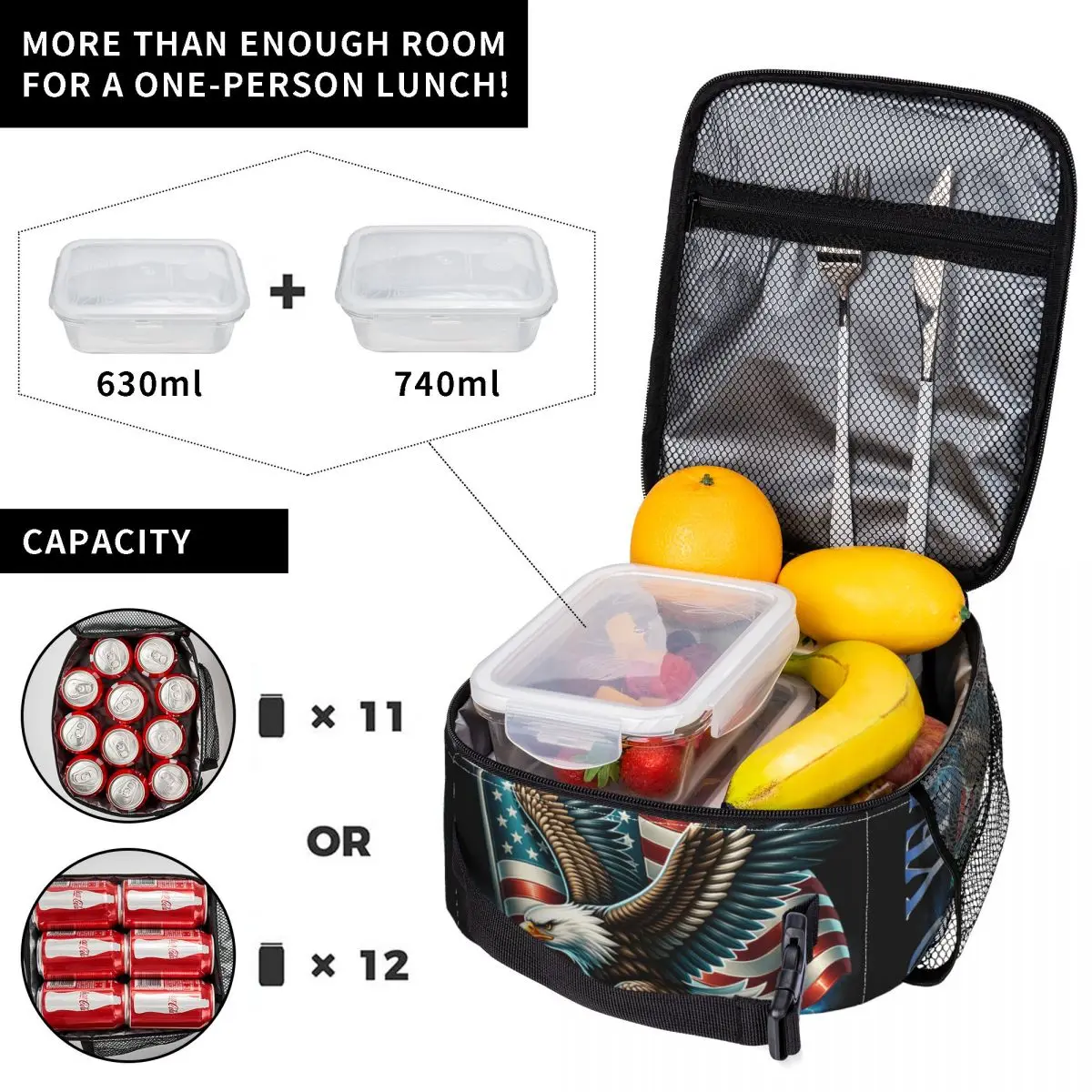 Eagle And Flag 250 Years Lunch Bag School Lunch Box For Women Funny Print Thermal Tote Handbags Oxford Cooler Bag