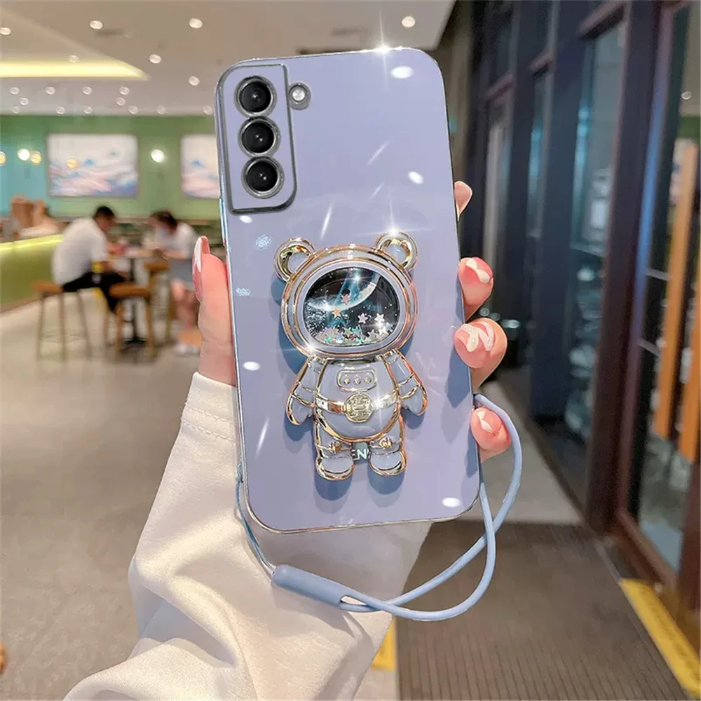 Quicksand Astronaut Bracket Phone Case For Samsung S22 S21 S10 Plus S20 FE Note 20 Ultra S23 Glitter Bear 3D Stand Lanyard Cover