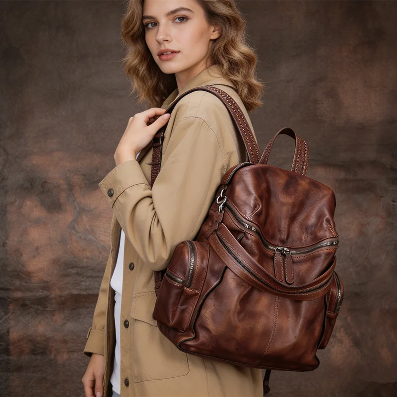 2026 New Genuine Leather Women Backpack Large-capacity Rivet Travel Backpacks Ladies Schoolbag New European And American Vintage