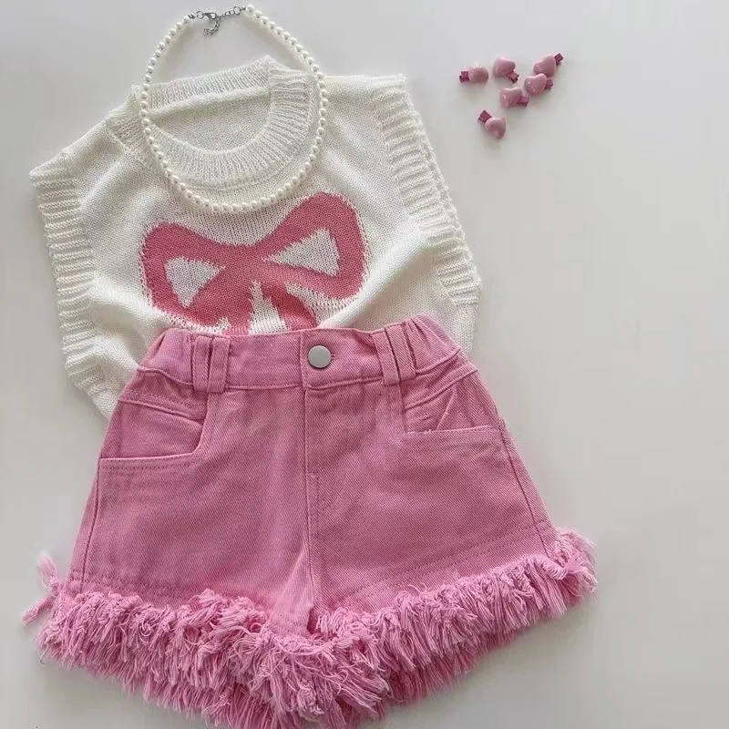 

Girls Summer Set Korean Children's Fashionable Top Denim Shorts, Fashion Two Piece Set