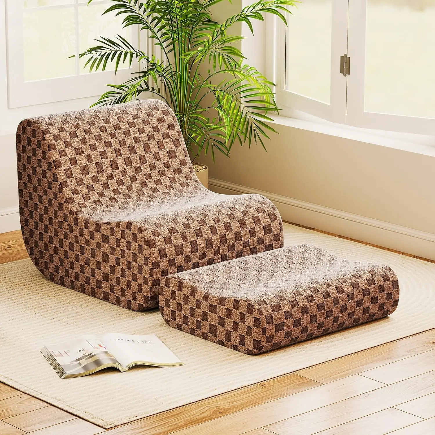 

Convertible Beanbag Sofa With Ottoman, Washable Teddy Fleece Cover, Non-Slip Bottom, Living Room Floor Chair, Brown, Customized