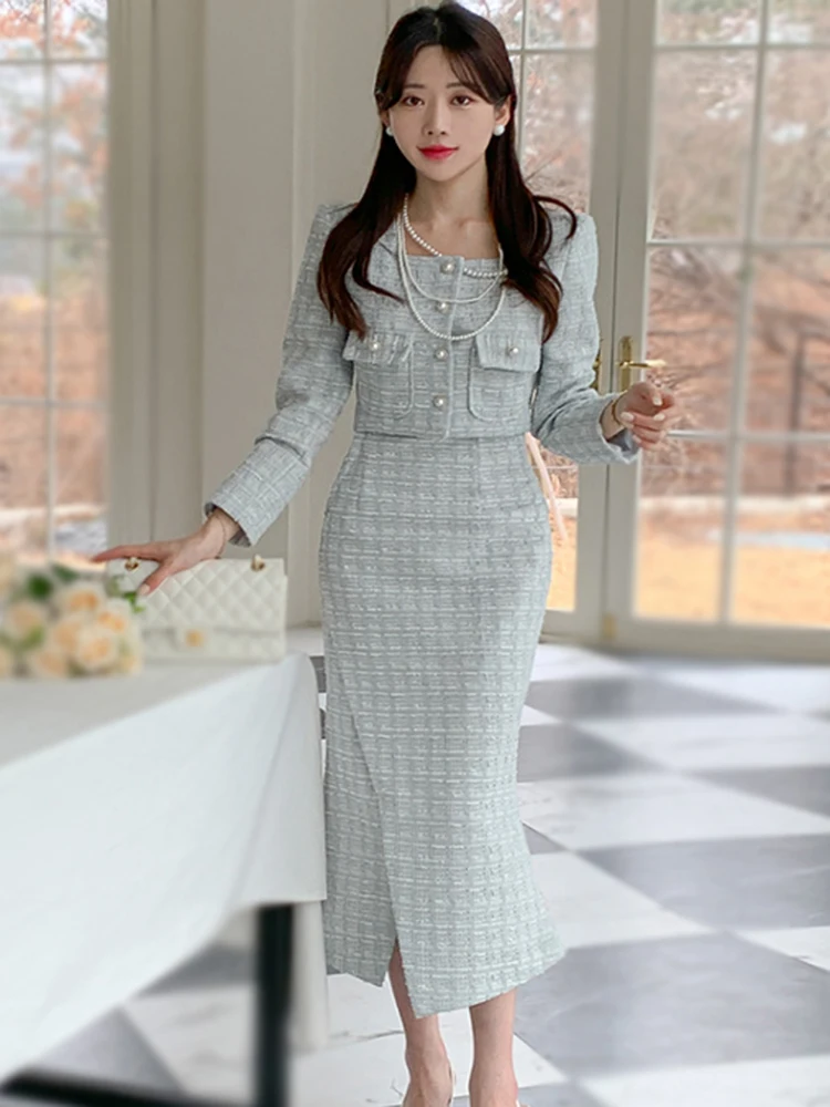 Small Fragrance Two Piece Sets Women Fashion Elegant Tweed Long Sleeve Crop Tops Coat + High Waist Bodycon Skirts Suit 2023 New