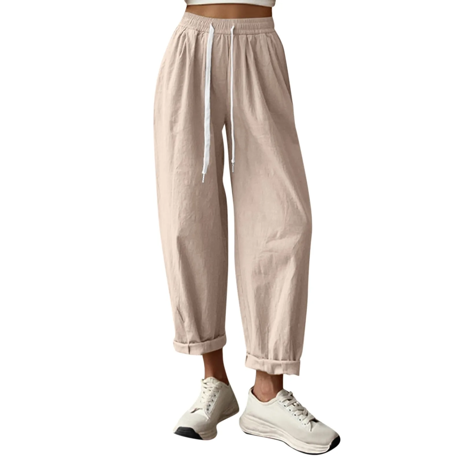 Women'S Drawstring Pants Casual Fashion Comfy Cotton And Linen Pants With Pockets Elastic Waist Wide Leg All-Match Pants