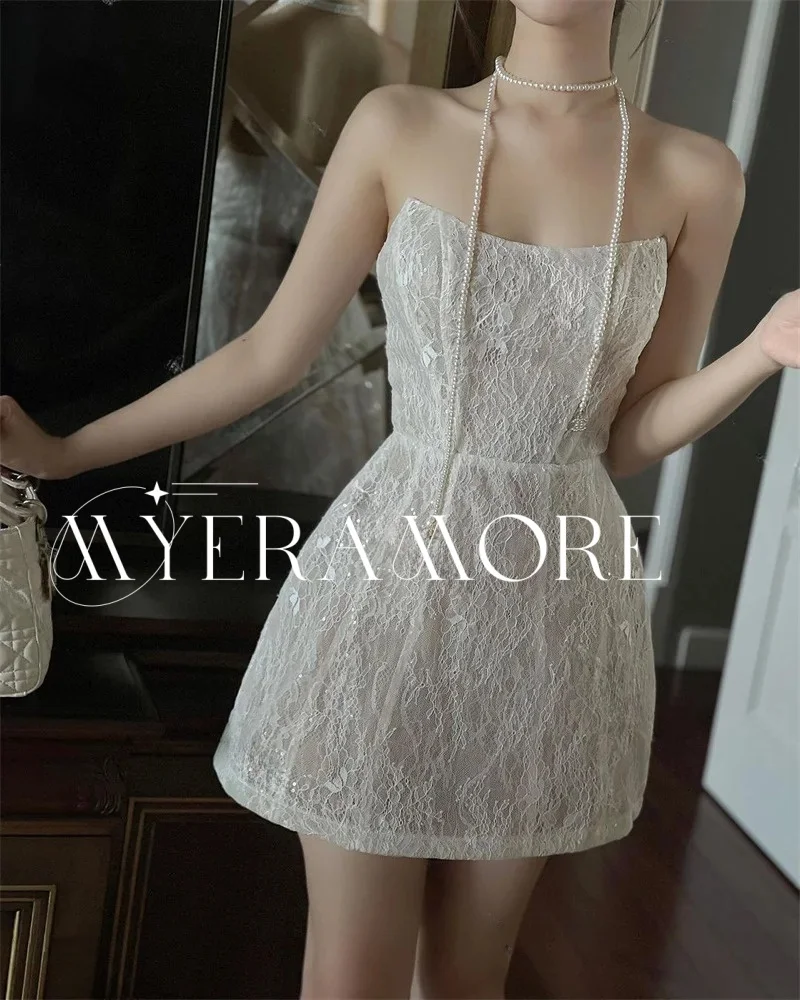 현대적인 스트랩리스 짧은 프롬 드레스 레이스 아플리케 여성용 칵테일 드레스 A라인 파티 가운 맞춤 제작 이브닝 드레스