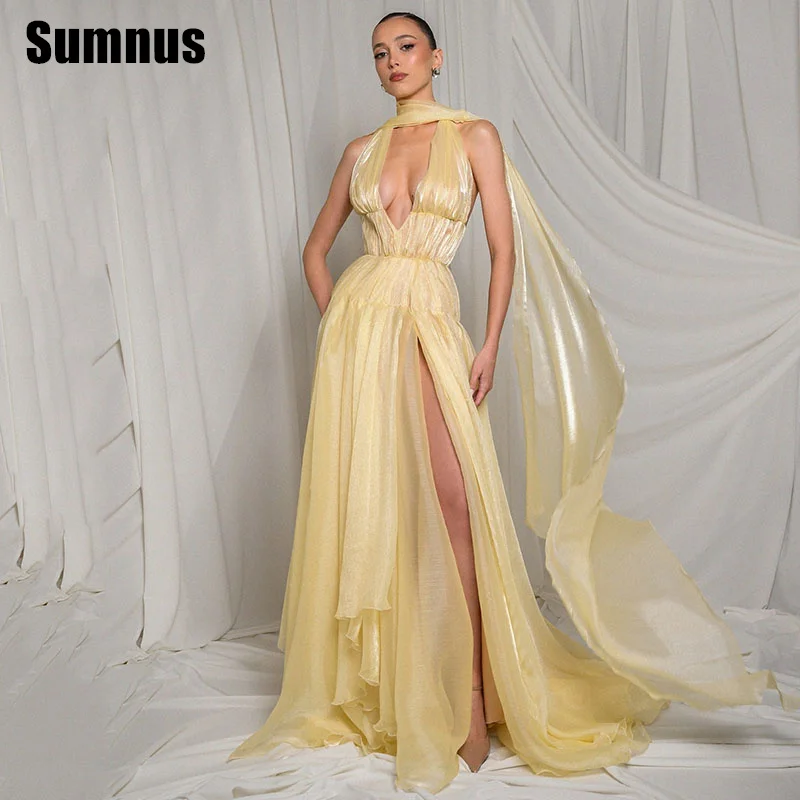 

Sumnus Charming A-Line Prom Dress Light Yellow V-Neck Side Slit Floor-Length Evening Dress فساتين سهرة Customized