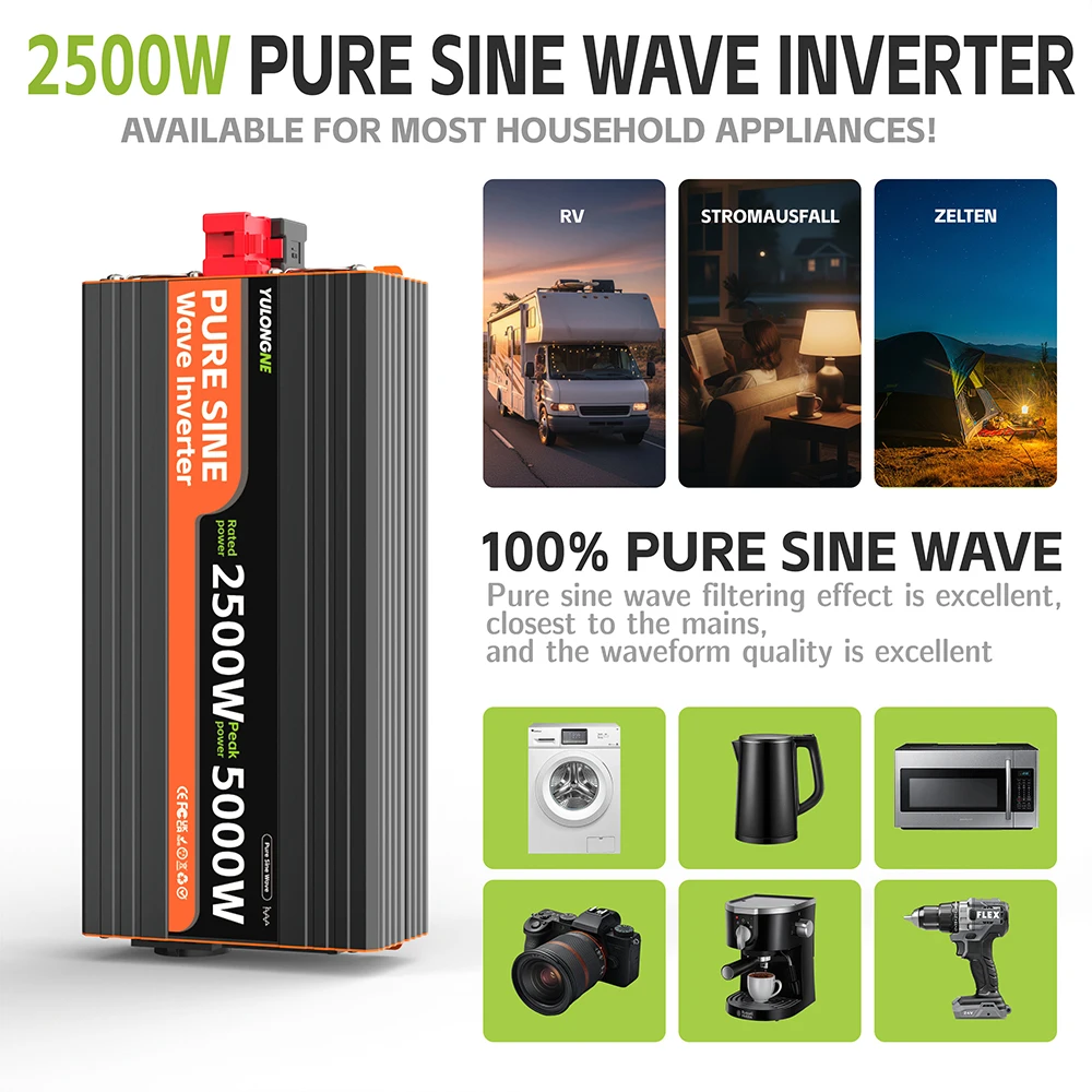 YULONGNE 2500W (5000W Peak) Pure Sine Wave Inverter 12V/24V to 230V EU Socket with LCD Display for Caravan Truck Solar Inverter - view 5