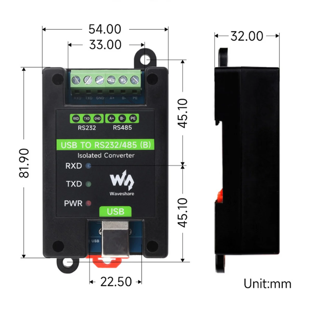 Convertisseur isolé de qualité industrielle, prise en charge murale, rail DIN, USB vers RS232, 485, FT232RNL