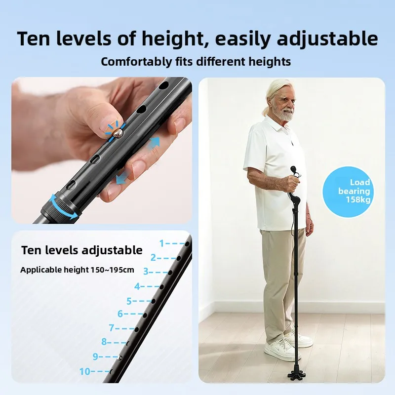 Adjustable Walking Stick for The Elderly Heavy-Duty Aluminum Posture Cane Rubber Traction Tip Folding Crutch Travel Mobility Aid