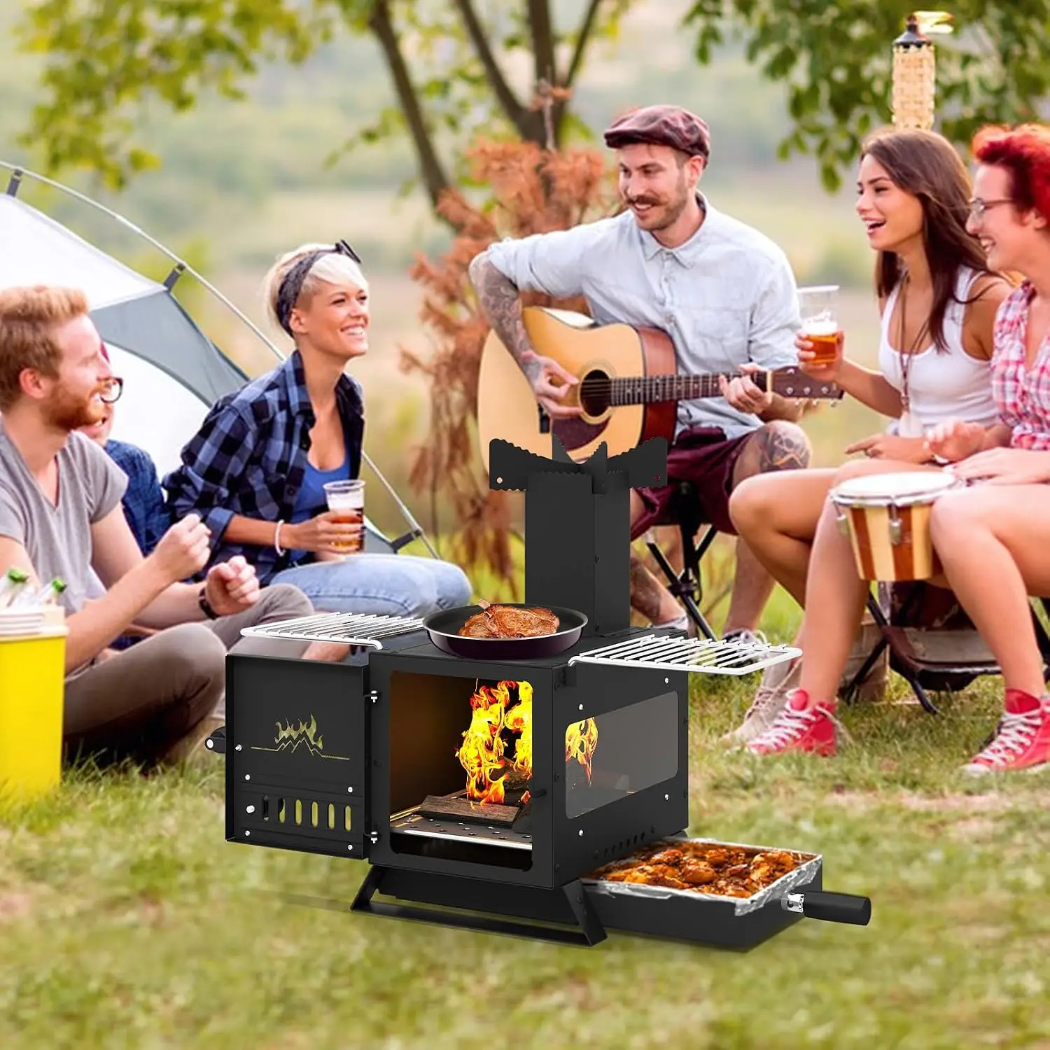 Wood Burning Stove Featuring a Heat-Resistant Glass Viewing Window and Included Grill Net