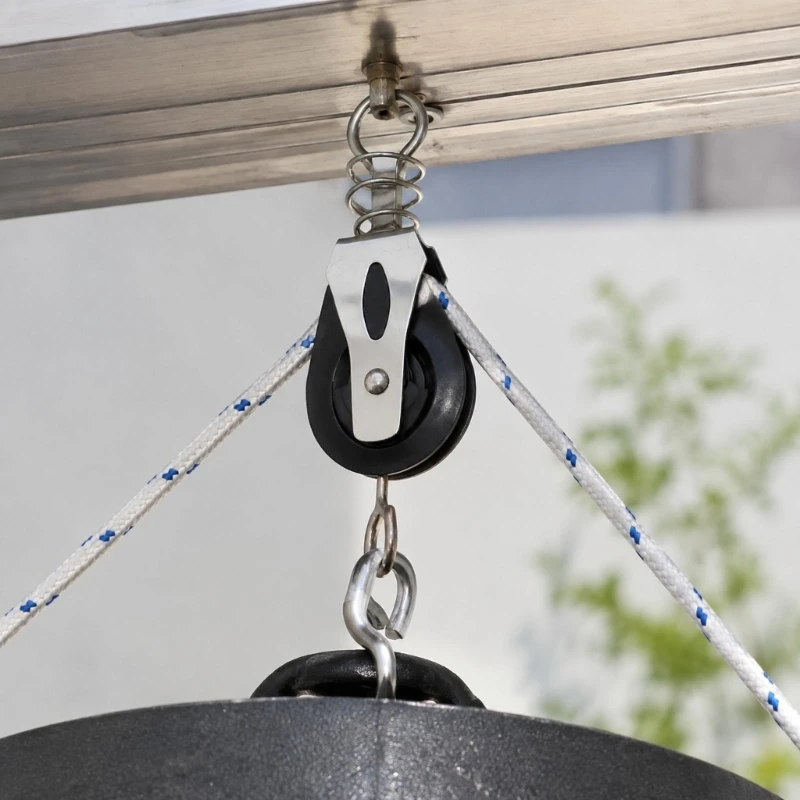 Marine Use Rope Pulley Block with Black Wheel, Metal Frame, and Wheel Travel for Light Utility Routing, Maintenance Work, and