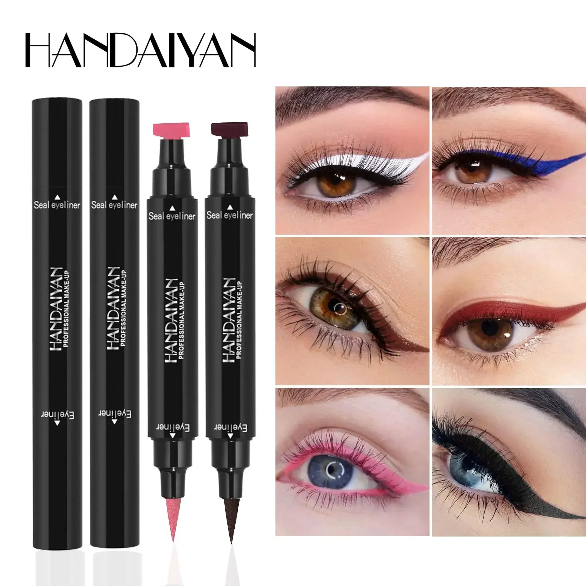 Penna per eyeliner liquido colorato con timbro alato 2 IN1 Impermeabile ad asciugatura rapida Doppio attacco Nero Blu Rosa Marrone Sigillo Eye Liner Strumento per il trucco