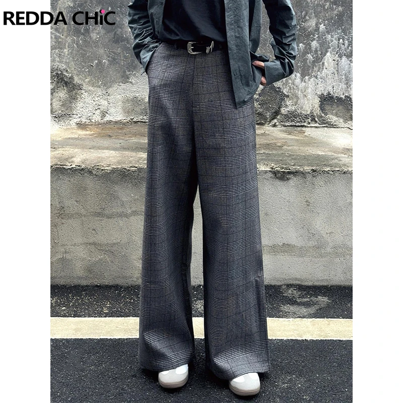 

REDDACHIC Business Men Plaid Tweed Wide Leg Suit Pants Casual Loose Fit Checkered Draped Bootcut Long Trousers Vintage Clothes