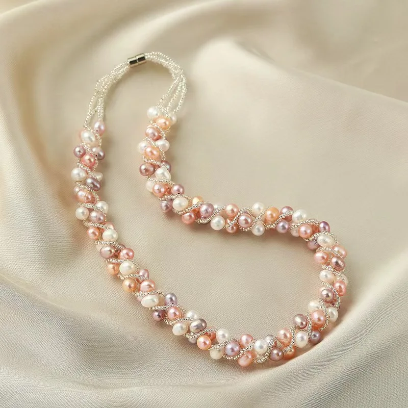 

Freshwater Pearl Short Necklace Fashion Braided Magnetic Clasp Collarbone Chain Choker