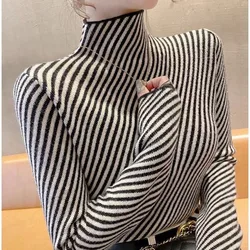 Women's 2023 Autumn Winter with Slanted Stripe Pullover Half High Collar Fashionable Slim Fitting Knitted Long Sleeved Sweaters