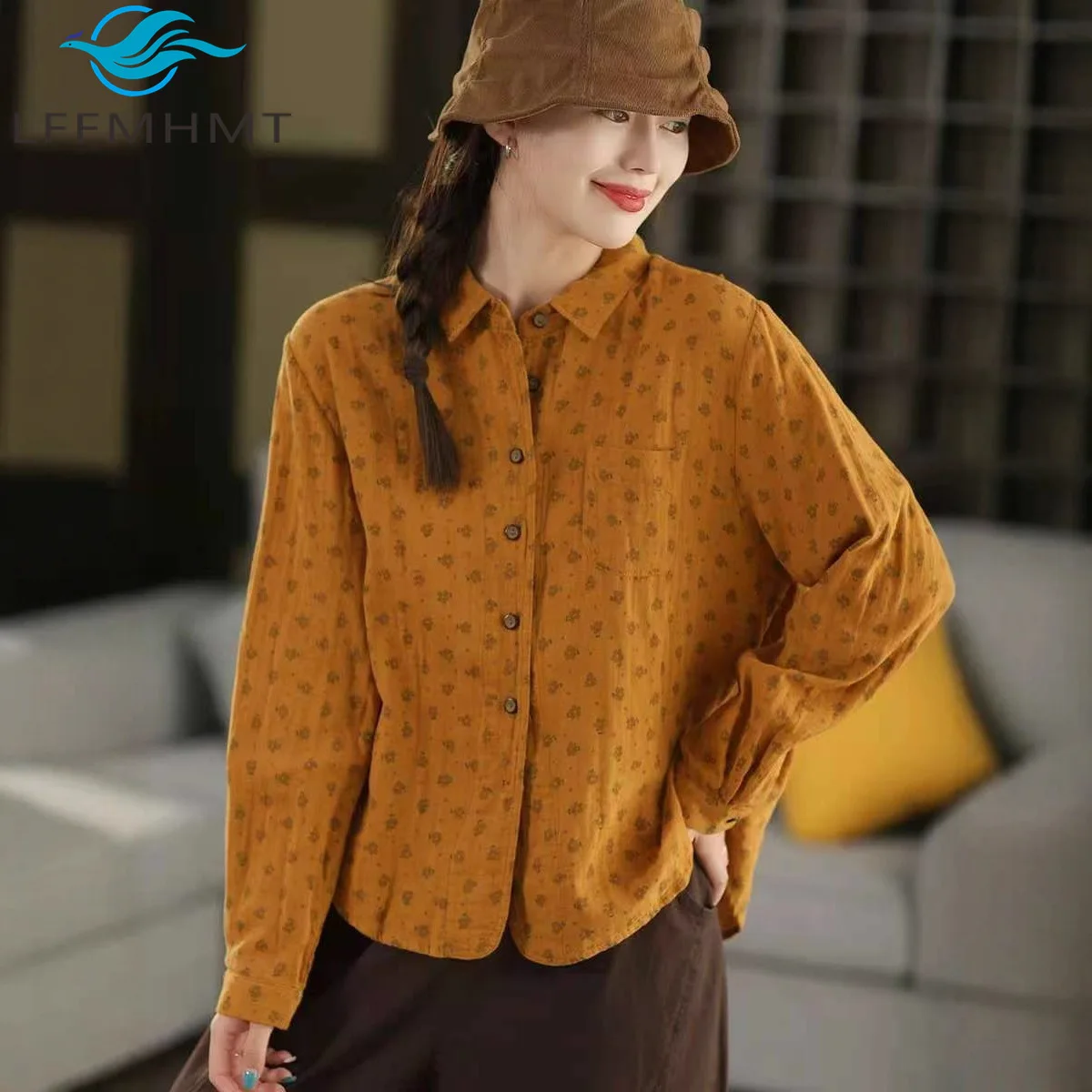 

Весенняя модная женская блузка 2026 года из двойной хлопковой пряжи с цветочным принтом, с длинным рукавом, в литературном стиле, повседневная, свободная, мягкая, винтажная