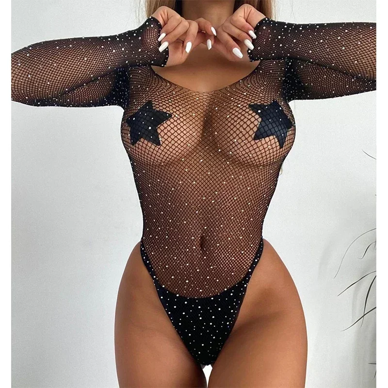 حار المثيرة شبكة صيد السمك Bodystockings حجم كبير حجر الراين داخلية المرأة مثير الملابس الداخلية الإباحية الملابس الداخلية الجنس زي فستان قصير