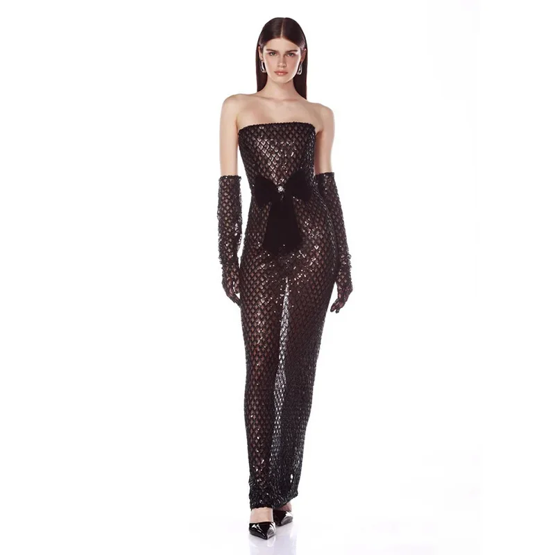New Women's Tight Sequin Sleeve Long Dress Bow Decoration Lace Double Zipper Formal Evening Gown